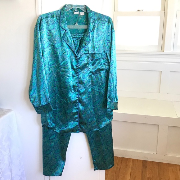 CACIQUE LINGERIE Satin Paisley Pajamas Green 2 Piece Sleep Set Womens Size Large - Picture 1 of 16